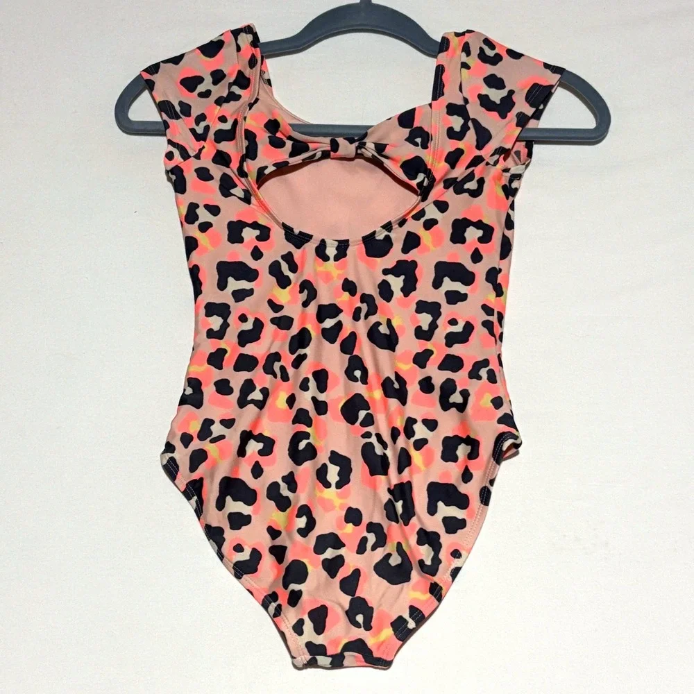 Cat & Jack Leotard Kids L 10/12 Pink Neon Leopard Print Excellent Bow Back